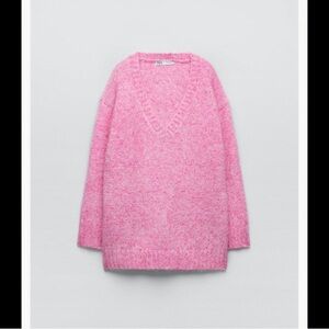 Zara Oversized Pink V-Neck Sweater - Large